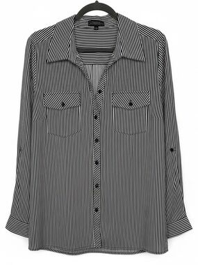 Elementz Sz L Black & White Striped Button Up Roll Tab Sleeves Lightweight | GUC